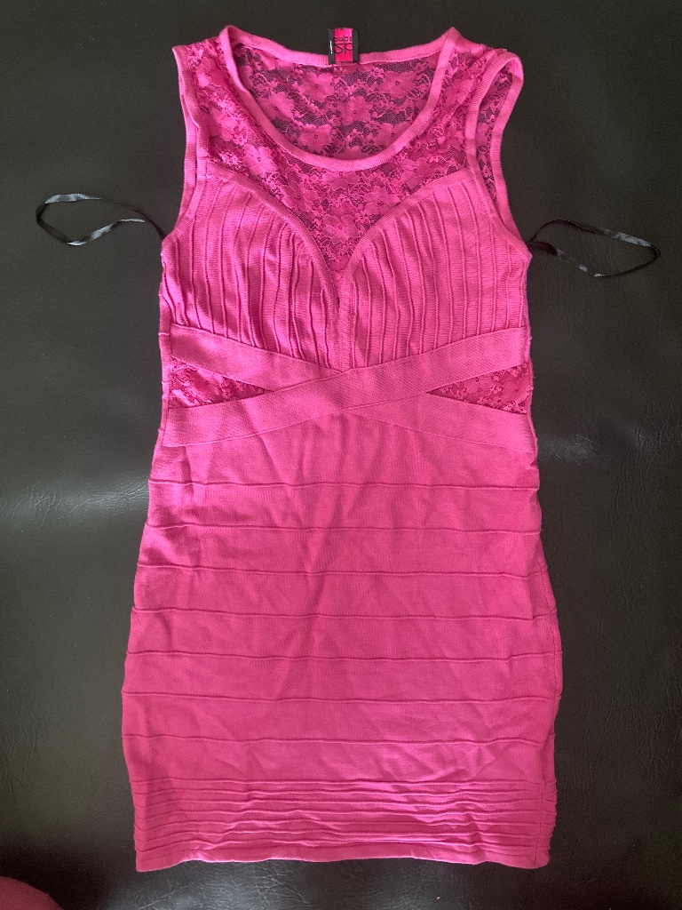 Bebe 2b Fuchsia Pink Lace Side Cutout Sweater Bodycon Dress L